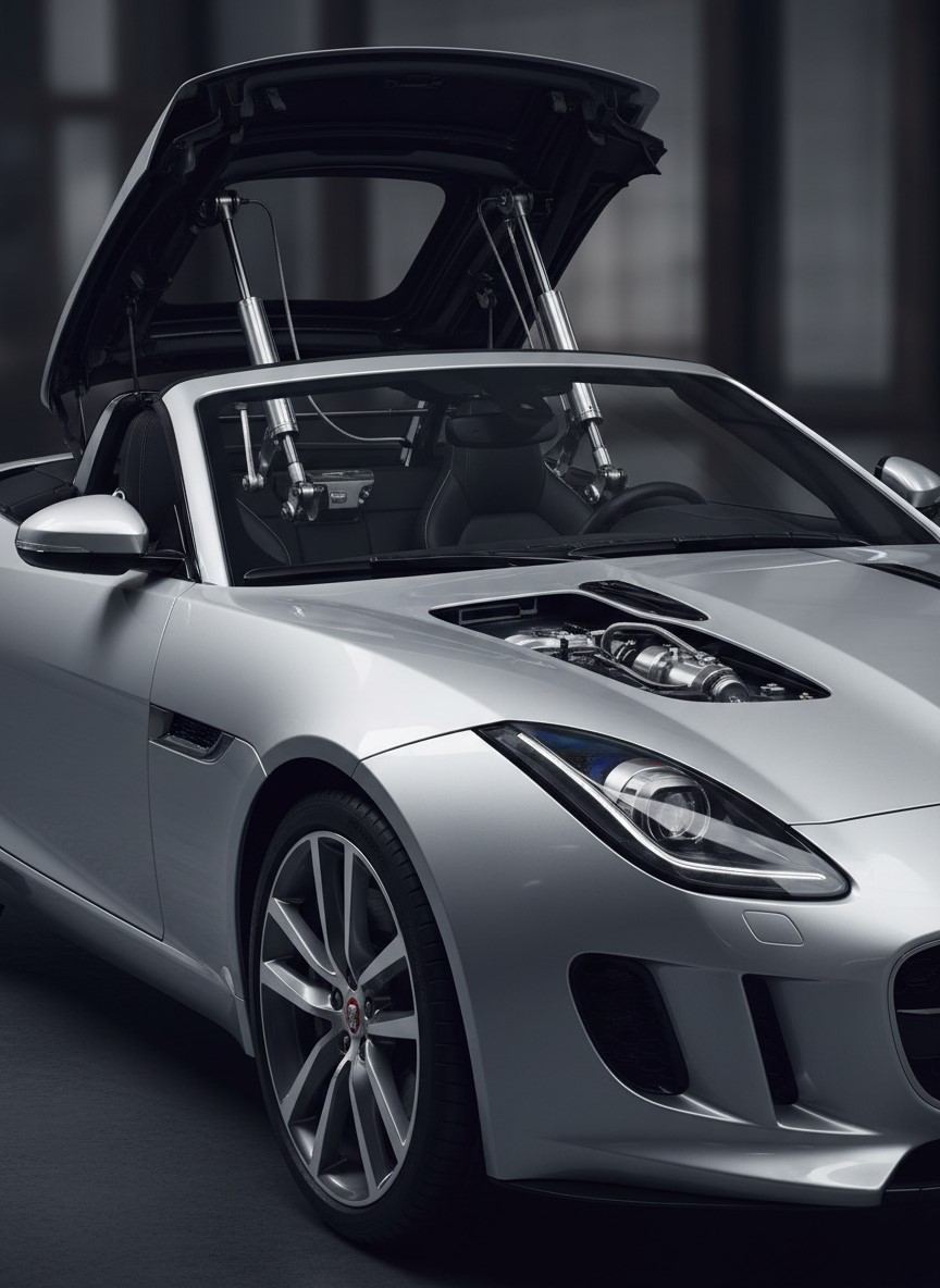 Silver Jaguar convertible showing the hydraulic top mechanism